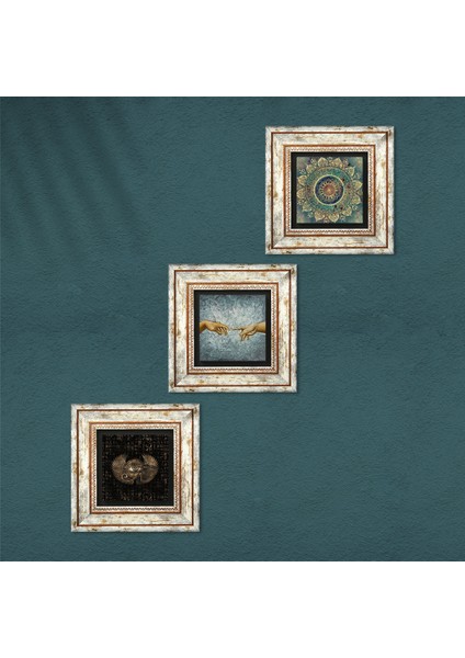 Michelangelo Adem'in Yaratılışı, Mandala, Horus'un Gözü Taş Duvar Tablosu Çerçeveli Duvar Dekoru 3 Parça Tablo Seti Wall Art T3-458