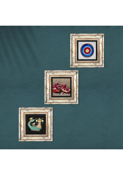 Nazar, Şahmeran, Nar Çerçeveli Taş Duvar Tablosu 3’lü Set - Dekoratif Modern Sanat, Ev ve Ofis Dekoru |TK3-1016| fırsatları