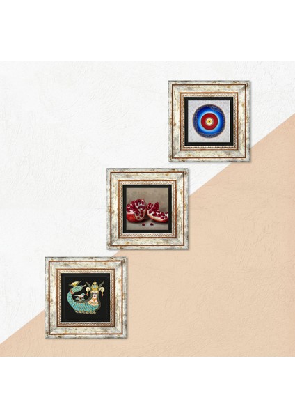 Nazar, Şahmeran, Nar Çerçeveli Taş Duvar Tablosu 3’lü Set - Dekoratif Modern Sanat, Ev ve Ofis Dekoru |TK3-1016| indirimleri