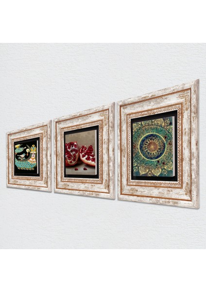 Mandala, Şahmeran, Nar Taş Duvar Tablosu Çerçeveli Duvar Dekoru 3 Parça Tablo Seti Wall Art T3-1012