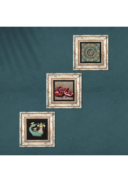 Mandala, Şahmeran, Nar Taş Duvar Tablosu Çerçeveli Duvar Dekoru 3 Parça Tablo Seti Wall Art T3-1012