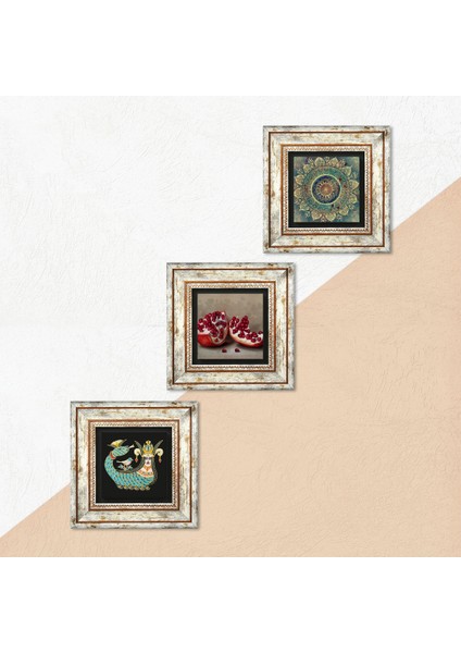 Mandala, Şahmeran, Nar Taş Duvar Tablosu Çerçeveli Duvar Dekoru 3 Parça Tablo Seti Wall Art T3-1012