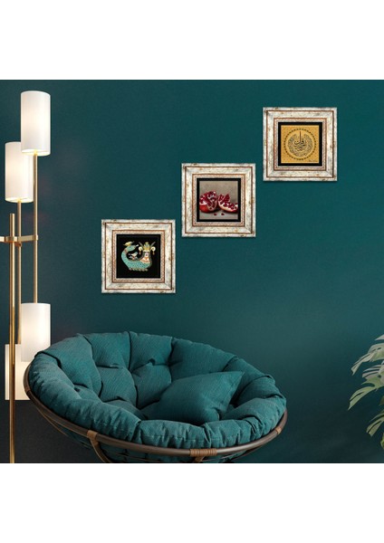 Nas Suresi, Şahmeran, Nar Taş Duvar Tablosu Çerçeveli Duvar Dekoru 3 Parça Tablo Seti Wall Art T3-1022