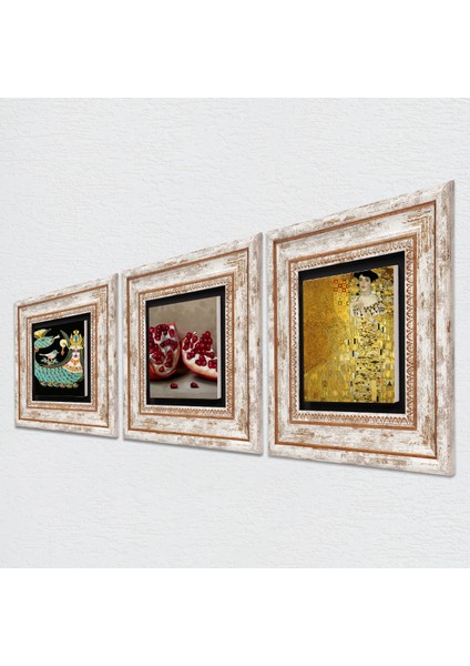 Gustav Klimt Adele Bloch-Bauer'in Portresi, Şahmeran, Nar Çerçeveli Taş Duvar Tablosu 3’lü Set - Dekoratif Modern Sanat, Ev ve Ofis Dekoru |TK3-1024| fiyatları
