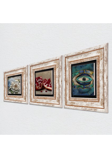 Nazar, Kelebekli Çiçek, Nar Taş Duvar Tablosu Çerçeveli Duvar Dekoru 3 Parça Tablo Seti Wall Art T3-1175 fiyatları