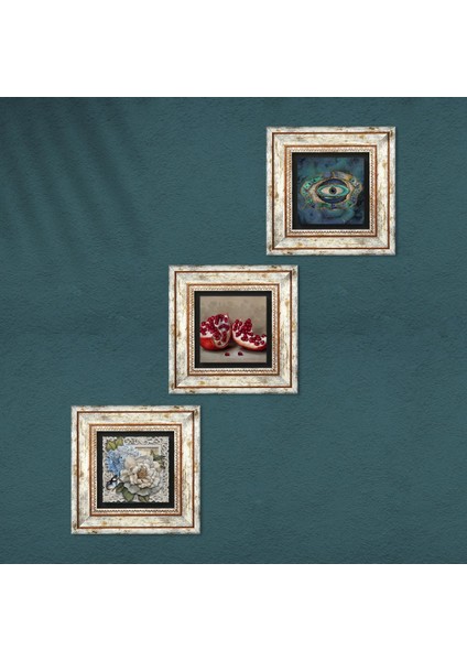 Nazar, Kelebekli Çiçek, Nar Taş Duvar Tablosu Çerçeveli Duvar Dekoru 3 Parça Tablo Seti Wall Art T3-1175 fırsatları