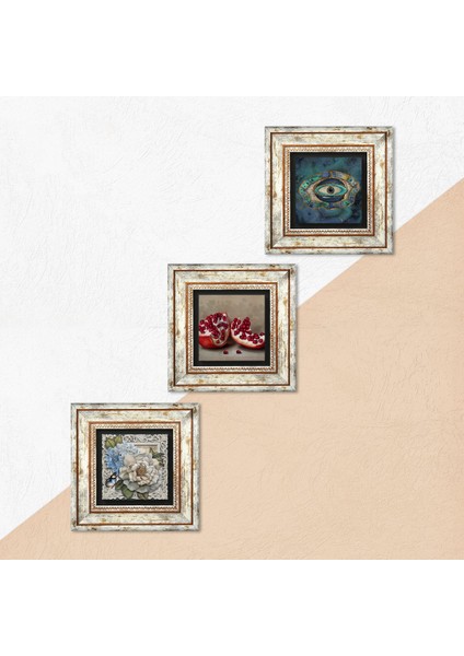 Nazar, Kelebekli Çiçek, Nar Taş Duvar Tablosu Çerçeveli Duvar Dekoru 3 Parça Tablo Seti Wall Art T3-1175 indirimleri