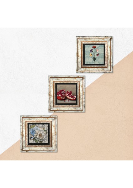 Ebru Sanatı, Kelebekli Çiçek, Nar Taş Duvar Tablosu Çerçeveli Duvar Dekoru 3 Parça Tablo Seti Wall Art T3-1183