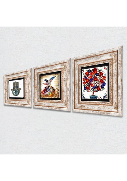 Semazen, Nar Ağacı, Fatma Ana Eli (Hamsa) Taş Duvar Tablosu Çerçeveli Duvar Dekoru 3 Parça Tablo Seti Wall Art T3-07