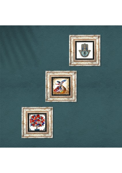 Semazen, Nar Ağacı, Fatma Ana Eli (Hamsa) Taş Duvar Tablosu Çerçeveli Duvar Dekoru 3 Parça Tablo Seti Wall Art T3-07