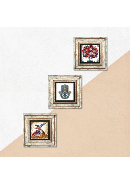 Semazen, Nar Ağacı, Fatma Ana Eli (Hamsa) Taş Duvar Tablosu Çerçeveli Duvar Dekoru 3 Parça Tablo Seti Wall Art T3-07