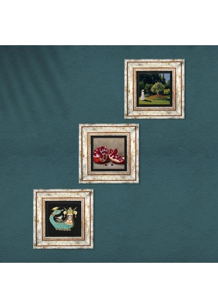 Claude Monet Bahçedeki Kadın, Şahmeran, Nar Taş Duvar Tablosu Çerçeveli Duvar Dekoru 3 Parça Tablo Seti Wall Art T3-1019