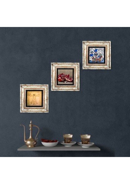 Pinecone Çini Sanatı Yelkenli Gemi, Da Vinci Vitruvius Adamı, Nar Taş Duvar Tablosu Çerçeveli Duvar Dekoru 3 Parça Tablo Seti Wall Art T3-1372