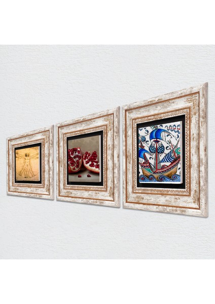 Pinecone Çini Sanatı Yelkenli Gemi, Da Vinci Vitruvius Adamı, Nar Taş Duvar Tablosu Çerçeveli Duvar Dekoru 3 Parça Tablo Seti Wall Art T3-1372