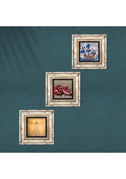 Pinecone Çini Sanatı Yelkenli Gemi, Da Vinci Vitruvius Adamı, Nar Taş Duvar Tablosu Çerçeveli Duvar Dekoru 3 Parça Tablo Seti Wall Art T3-1372