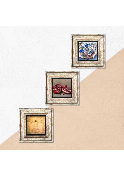 Pinecone Çini Sanatı Yelkenli Gemi, Da Vinci Vitruvius Adamı, Nar Taş Duvar Tablosu Çerçeveli Duvar Dekoru 3 Parça Tablo Seti Wall Art T3-1372