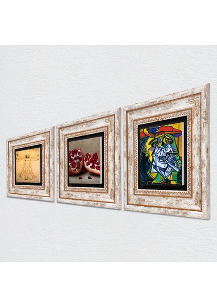 Picasso Ağlayan Kadın, Da Vinci Vitruvius Adamı, Nar Taş Duvar Tablosu Çerçeveli Duvar Dekoru 3 Parça Tablo Seti Wall Art T3-1396