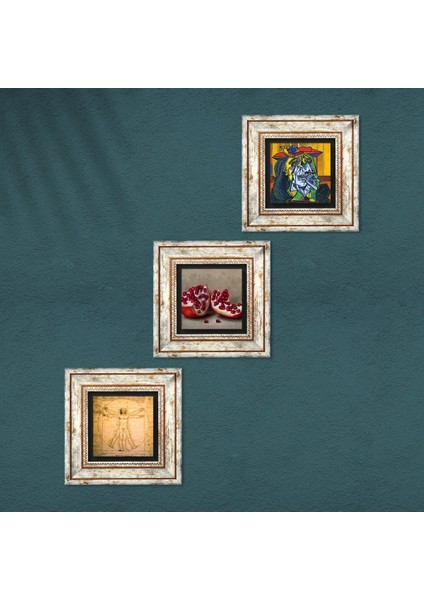 Picasso Ağlayan Kadın, Da Vinci Vitruvius Adamı, Nar Taş Duvar Tablosu Çerçeveli Duvar Dekoru 3 Parça Tablo Seti Wall Art T3-1396