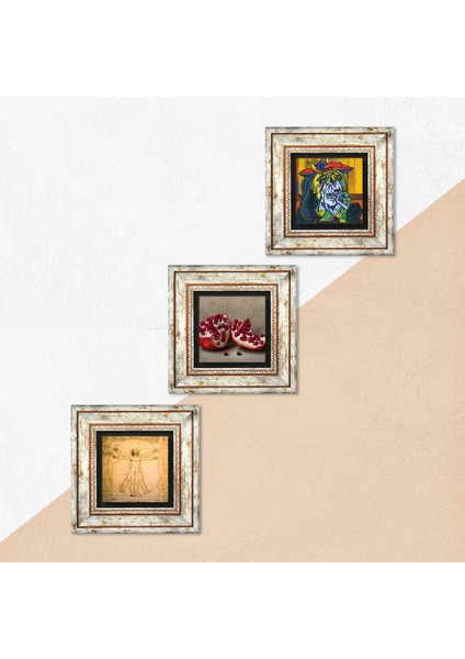 Picasso Ağlayan Kadın, Da Vinci Vitruvius Adamı, Nar Taş Duvar Tablosu Çerçeveli Duvar Dekoru 3 Parça Tablo Seti Wall Art T3-1396