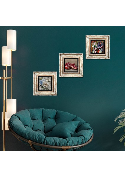 Picasso Ayna Karşısındaki Kız, Kelebekli Çiçek, Nar Taş Duvar Tablosu Çerçeveli Duvar Dekoru 3 Parça Tablo Seti Wall Art T3-1197