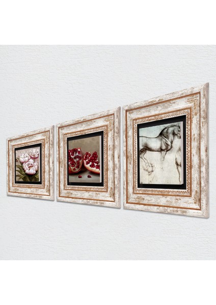 Leonardo da Vinci At Heykeli, Kelebekli Çiçek, Nar Taş Duvar Tablosu Çerçeveli Duvar Dekoru 3 Parça Tablo Seti Wall Art T3-1204
