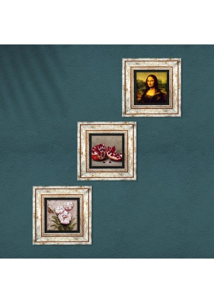 Leonardo da Vinci Mona Lisa, Kelebekli Çiçek, Nar Taş Duvar Tablosu Çerçeveli Duvar Dekoru 3 Parça Tablo Seti Wall Art T3-1206
