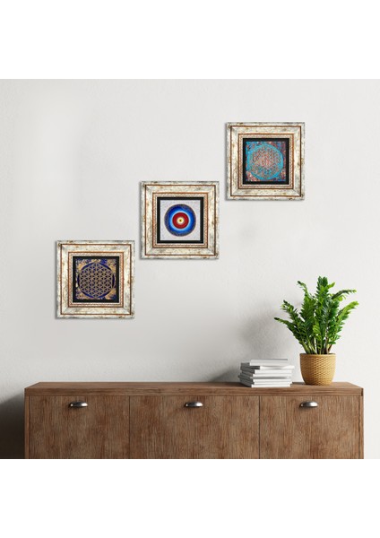 Nazar, Yaşam Çiçeği Çerçeveli Taş Duvar Tablosu 3’lü Set - Dekoratif Modern Sanat, Ev ve Ofis Dekoru |TK3-137|