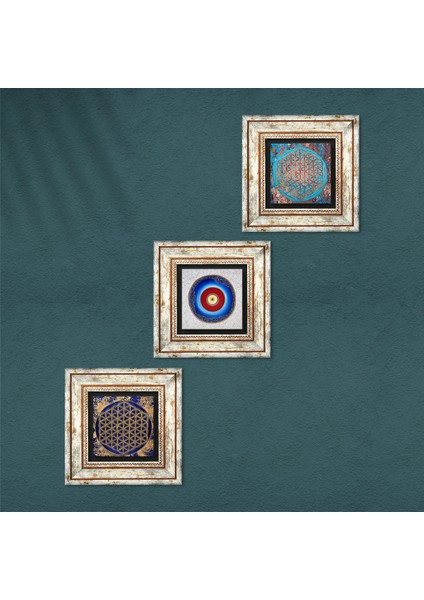 Nazar, Yaşam Çiçeği Çerçeveli Taş Duvar Tablosu 3’lü Set - Dekoratif Modern Sanat, Ev ve Ofis Dekoru |TK3-137| fırsatları