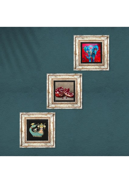 Fil, Şahmeran, Nar Çerçeveli Taş Duvar Tablosu 3’lü Set - Dekoratif Modern Sanat, Ev ve Ofis Dekoru |TK3-1009| fırsatları