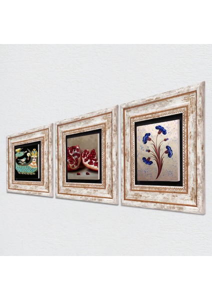Ebru Sanatı, Şahmeran, Nar Taş Duvar Tablosu Çerçeveli Duvar Dekoru 3 Parça Tablo Seti Wall Art T3-1014
