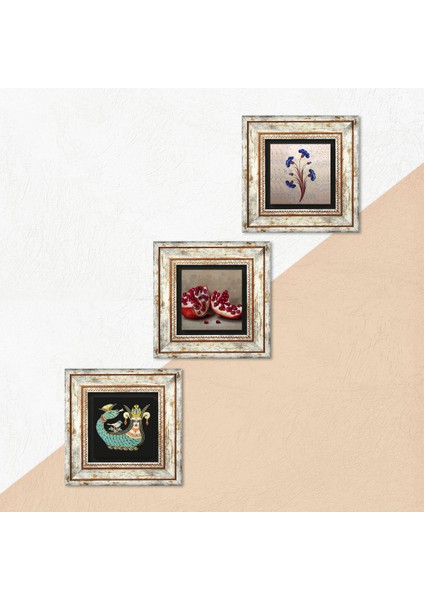 Ebru Sanatı, Şahmeran, Nar Taş Duvar Tablosu Çerçeveli Duvar Dekoru 3 Parça Tablo Seti Wall Art T3-1014