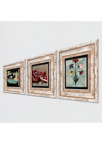 Ebru Sanatı, Şahmeran, Nar Taş Duvar Tablosu Çerçeveli Duvar Dekoru 3 Parça Tablo Seti Wall Art T3-1015