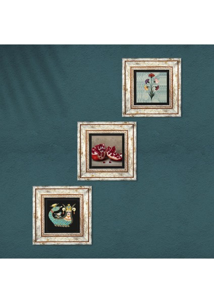 Ebru Sanatı, Şahmeran, Nar Taş Duvar Tablosu Çerçeveli Duvar Dekoru 3 Parça Tablo Seti Wall Art T3-1015