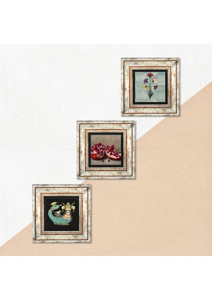 Ebru Sanatı, Şahmeran, Nar Taş Duvar Tablosu Çerçeveli Duvar Dekoru 3 Parça Tablo Seti Wall Art T3-1015