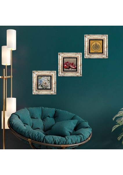 Ayet-el Kürsi, Kelebekli Çiçek, Nar Taş Duvar Tablosu Çerçeveli Duvar Dekoru 3 Parça Tablo Seti Wall Art T3-1171