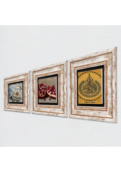 Ayet-el Kürsi, Kelebekli Çiçek, Nar Taş Duvar Tablosu Çerçeveli Duvar Dekoru 3 Parça Tablo Seti Wall Art T3-1171 fiyatları