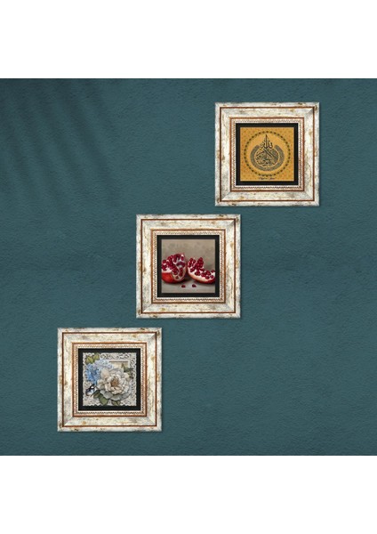 Ayet-el Kürsi, Kelebekli Çiçek, Nar Taş Duvar Tablosu Çerçeveli Duvar Dekoru 3 Parça Tablo Seti Wall Art T3-1171 fırsatları