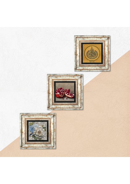 Ayet-el Kürsi, Kelebekli Çiçek, Nar Taş Duvar Tablosu Çerçeveli Duvar Dekoru 3 Parça Tablo Seti Wall Art T3-1171 indirimleri