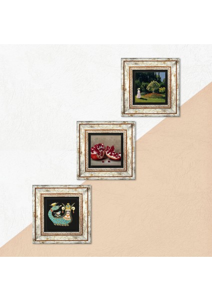 Claude Monet Bahçedeki Kadın, Şahmeran, Nar Taş Duvar Tablosu Çerçeveli Duvar Dekoru 3 Parça Tablo Seti Wall Art T3-1019