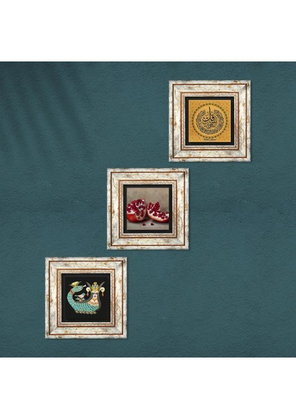 Felak Suresi, Şahmeran, Nar Çerçeveli Taş Duvar Tablosu 3’lü Set - Dekoratif Modern Sanat, Ev ve Ofis Dekoru |TK3-1021| fırsatları