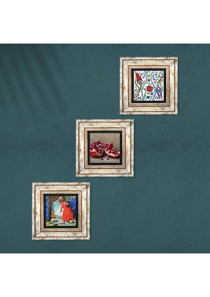 Stone Çini Sanatı Lale, Kaplumbağa Terbiyecisi, Nar Çerçeveli Taş Duvar Tablosu 3’lü Set - Dekoratif Modern Sanat, Ev ve Ofis Dekoru |TK3-1548| fırsatları