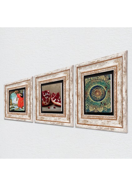 Mandala, Kaplumbağa Terbiyecisi, Nar Taş Duvar Tablosu Çerçeveli Duvar Dekoru 3 Parça Tablo Seti Wall Art T3-1561