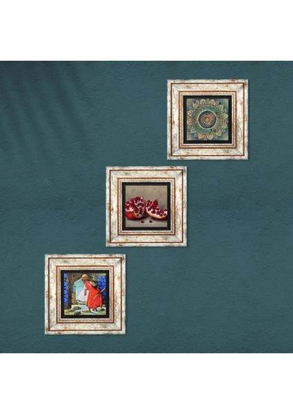 Mandala, Kaplumbağa Terbiyecisi, Nar Taş Duvar Tablosu Çerçeveli Duvar Dekoru 3 Parça Tablo Seti Wall Art T3-1561