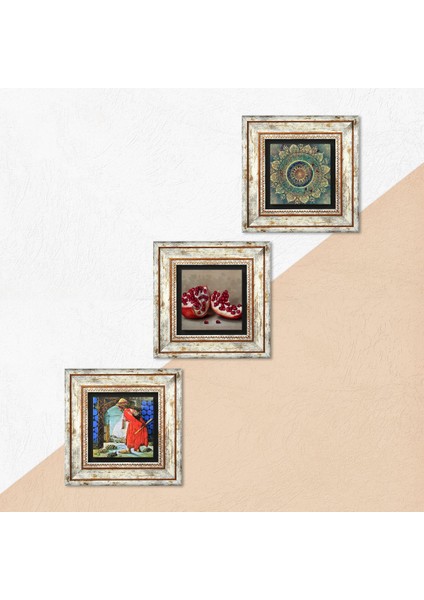Mandala, Kaplumbağa Terbiyecisi, Nar Taş Duvar Tablosu Çerçeveli Duvar Dekoru 3 Parça Tablo Seti Wall Art T3-1561
