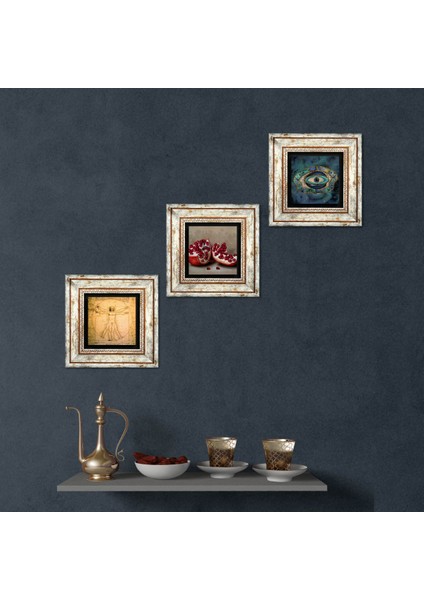 Stone Nazar, Leonardo da Vinci Vitruvius Adamı, Nar Çerçeveli Taş Duvar Tablosu 3’lü Set - Dekoratif Modern Sanat, Ev ve Ofis Dekoru |TK3-1381|