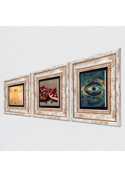 Stone Nazar, Leonardo da Vinci Vitruvius Adamı, Nar Çerçeveli Taş Duvar Tablosu 3’lü Set - Dekoratif Modern Sanat, Ev ve Ofis Dekoru |TK3-1381| fiyatları