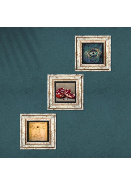 Stone Nazar, Leonardo da Vinci Vitruvius Adamı, Nar Çerçeveli Taş Duvar Tablosu 3’lü Set - Dekoratif Modern Sanat, Ev ve Ofis Dekoru |TK3-1381| fırsatları