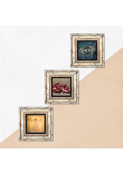 Stone Nazar, Leonardo da Vinci Vitruvius Adamı, Nar Çerçeveli Taş Duvar Tablosu 3’lü Set - Dekoratif Modern Sanat, Ev ve Ofis Dekoru |TK3-1381| indirimleri