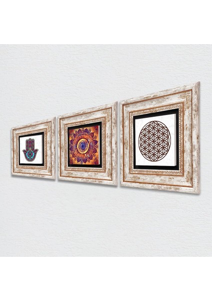 Stone Mandala, Yaşam Çiçeği, Fatma Ana Eli (Hamsa) Çerçeveli Taş Duvar Tablosu 3’lü Set - Dekoratif Modern Sanat, Ev ve Ofis Dekoru |TK3-119| fiyatları