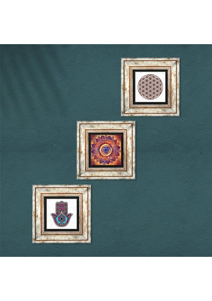 Stone Mandala, Yaşam Çiçeği, Fatma Ana Eli (Hamsa) Çerçeveli Taş Duvar Tablosu 3’lü Set - Dekoratif Modern Sanat, Ev ve Ofis Dekoru |TK3-119| fırsatları